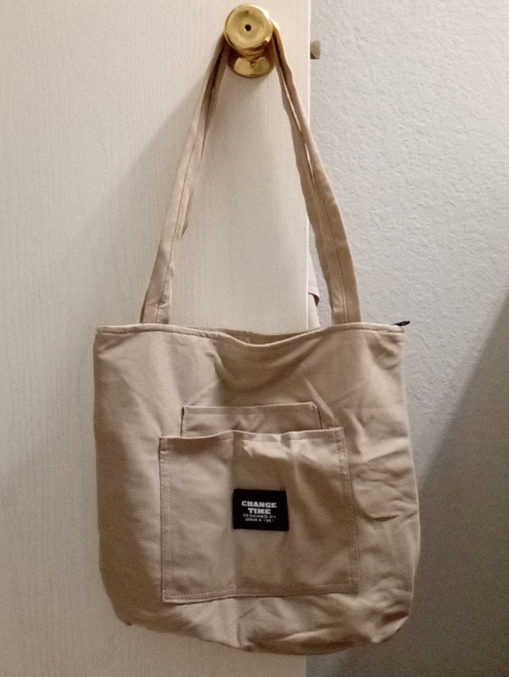 Neutral Beige Canvas Tote Bag with Front Pocket